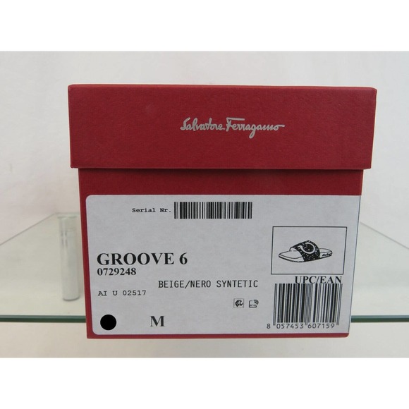 NIB FERRAGAMO GROOVE 6 BEIGE BLACK RUBBER GANCINI LOGO SANDALS SLIDES 12 M main image 9